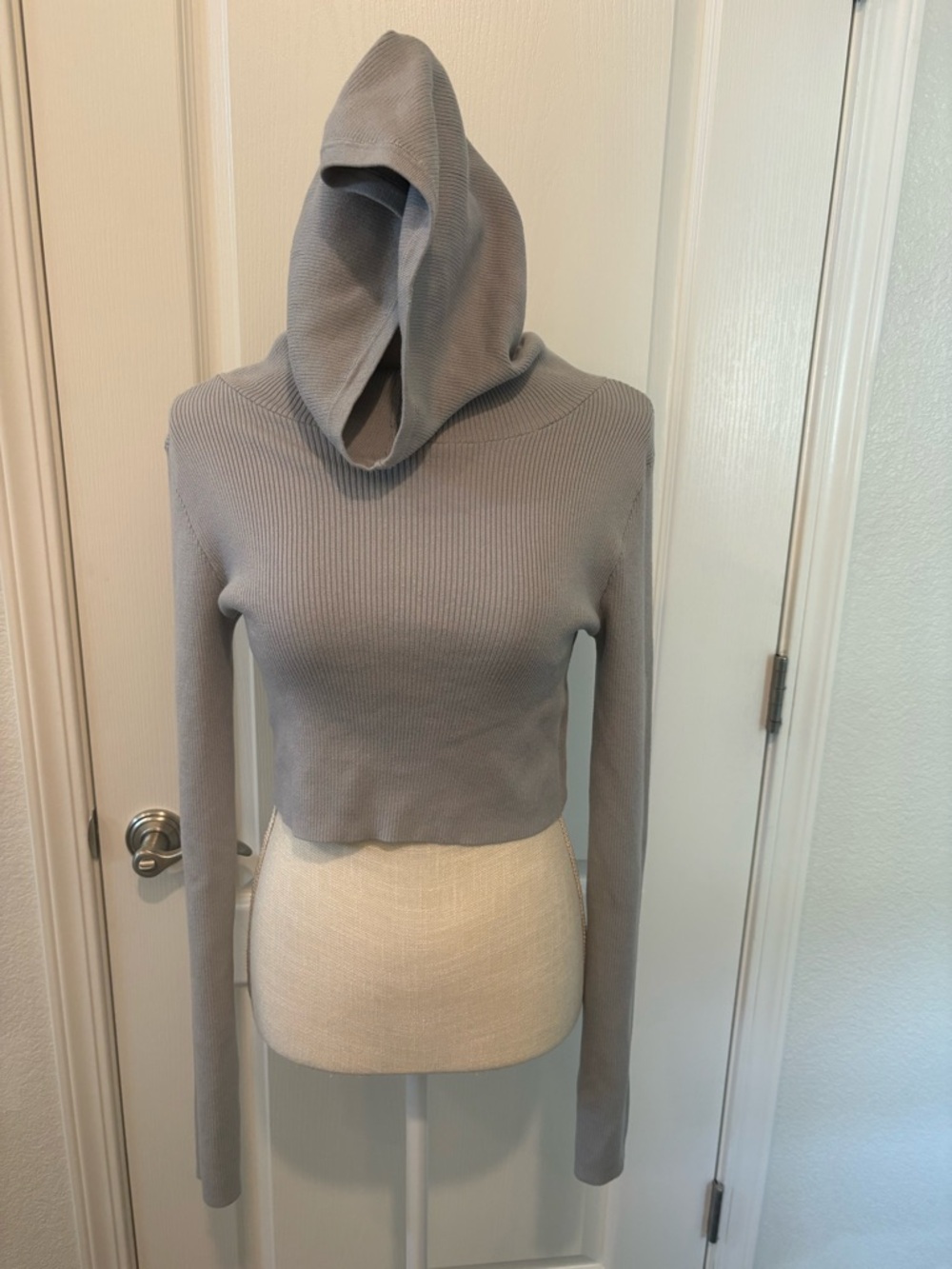 Live The Process Cropped Hooded Ribbed Turtleneck - Light Gray/blue